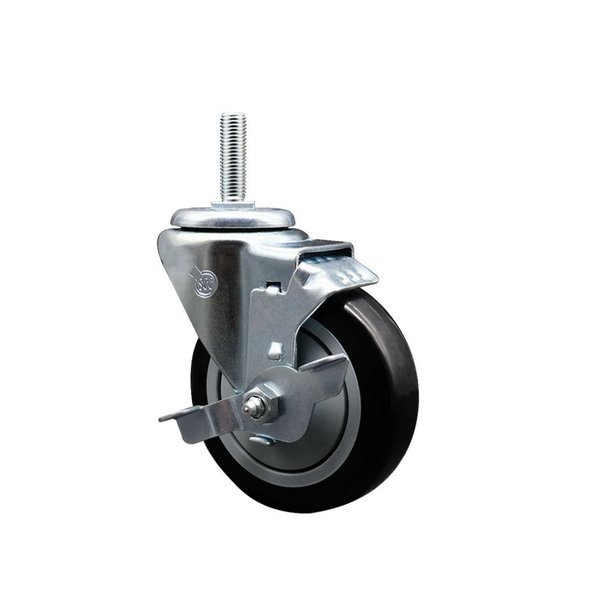 Service Caster 4 Inch Black Polyurethane Wheel Swivel 58 Inch Threaded Stem Caster with Brake SCC SCC-TS20S414-PPUB-BLK-TLB-58212